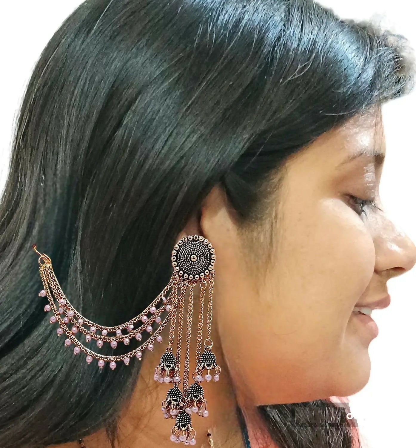 Traditional Gold Tone Jhumka Earrings with Pearl Drops and Elegant Layered Chain Design for Women