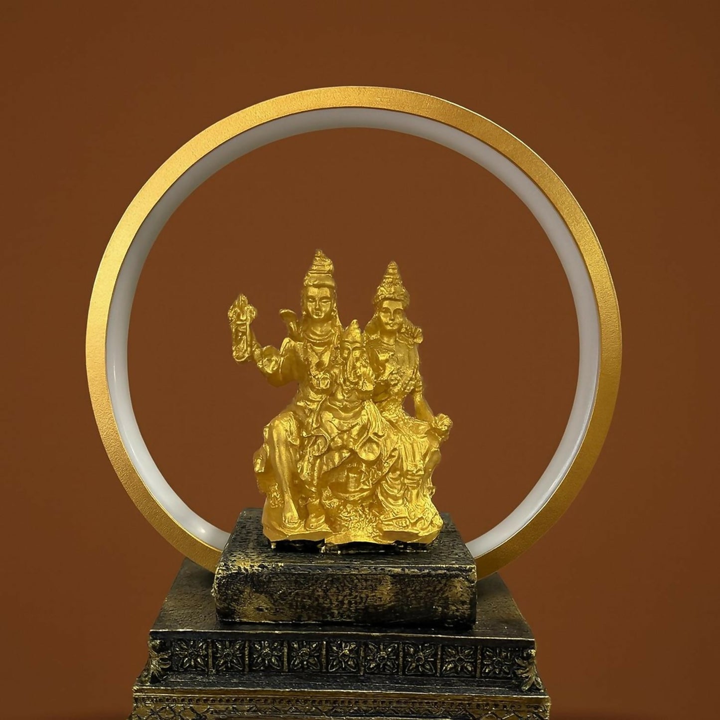 Golden Shiv Parvati Ganesh LED Table Lamp with Decorative Ring Light | Spiritual Home Decor Night Lamp | Antique Finish Religious Gift for Puja Room, Living Room, Bedroom & Office | Divine God Idol with LED Circle Light
