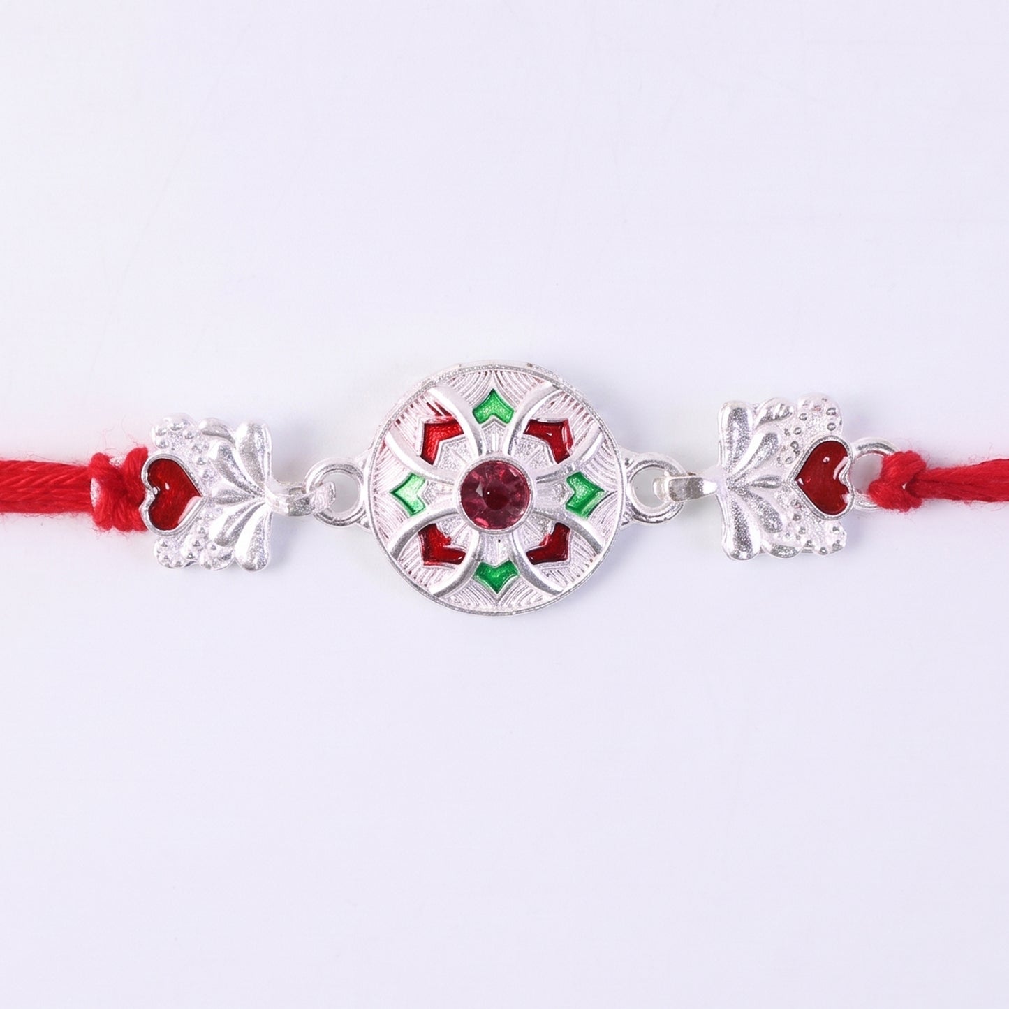 Silver Decorative Rakhi for Boys with Red and Green Accents