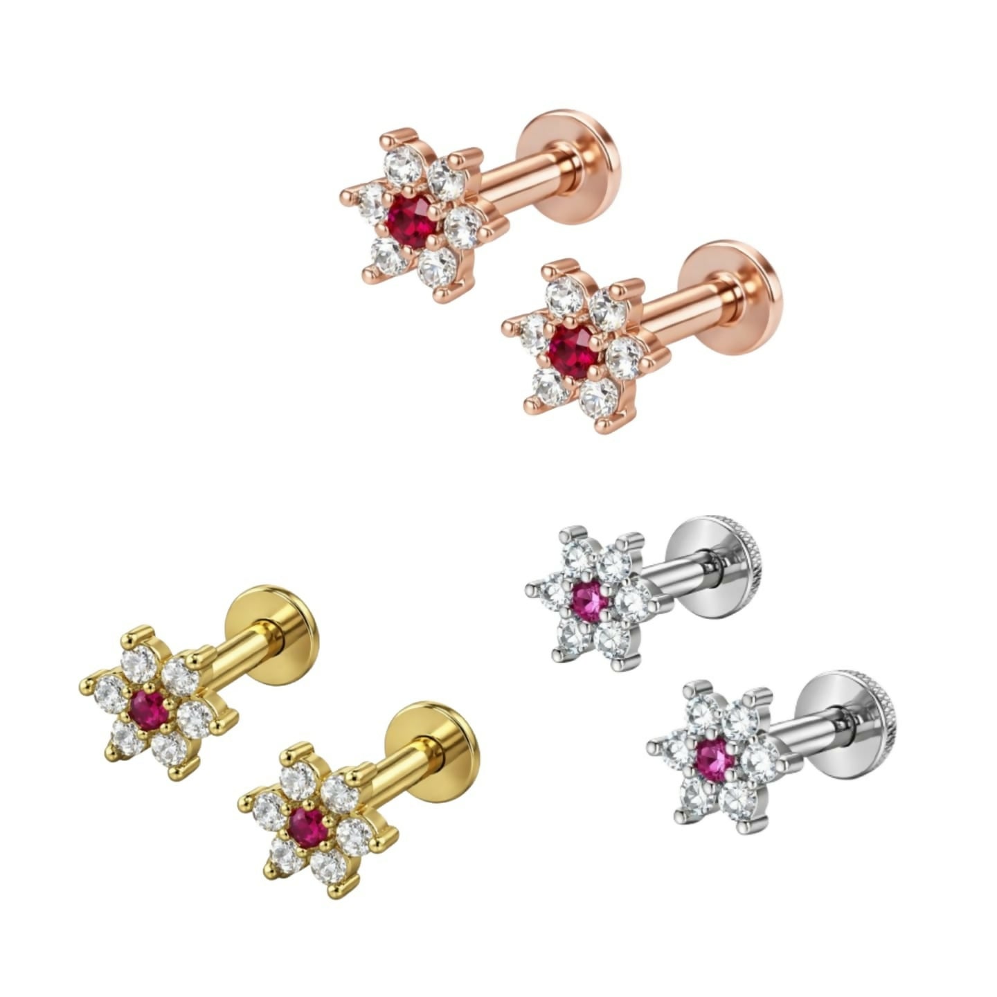 Set of three flat back flower stud earrings in gold, rose gold, and silver finishes