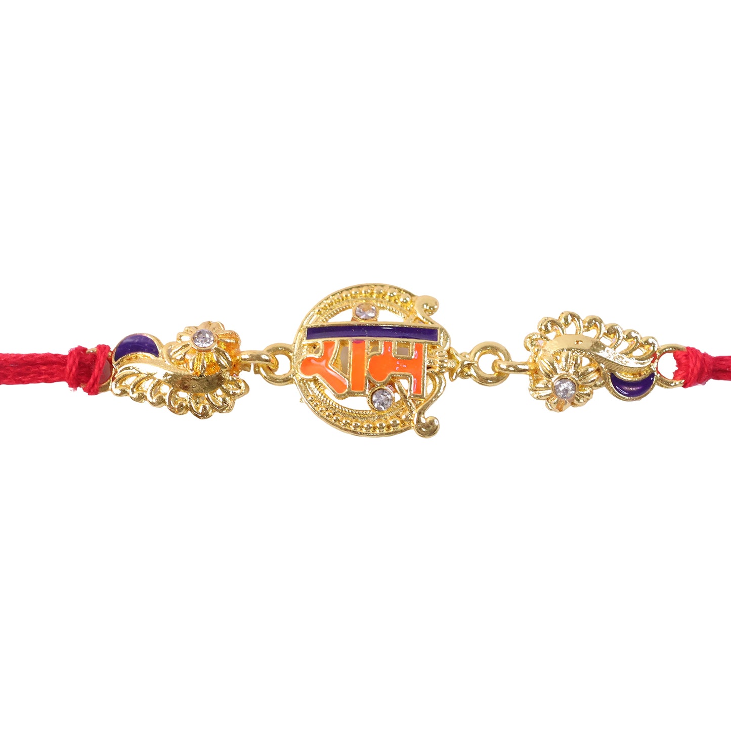 Elegant Rakhi with Ram Plaque, crystal accents and wrist style for Raksha Bandhan