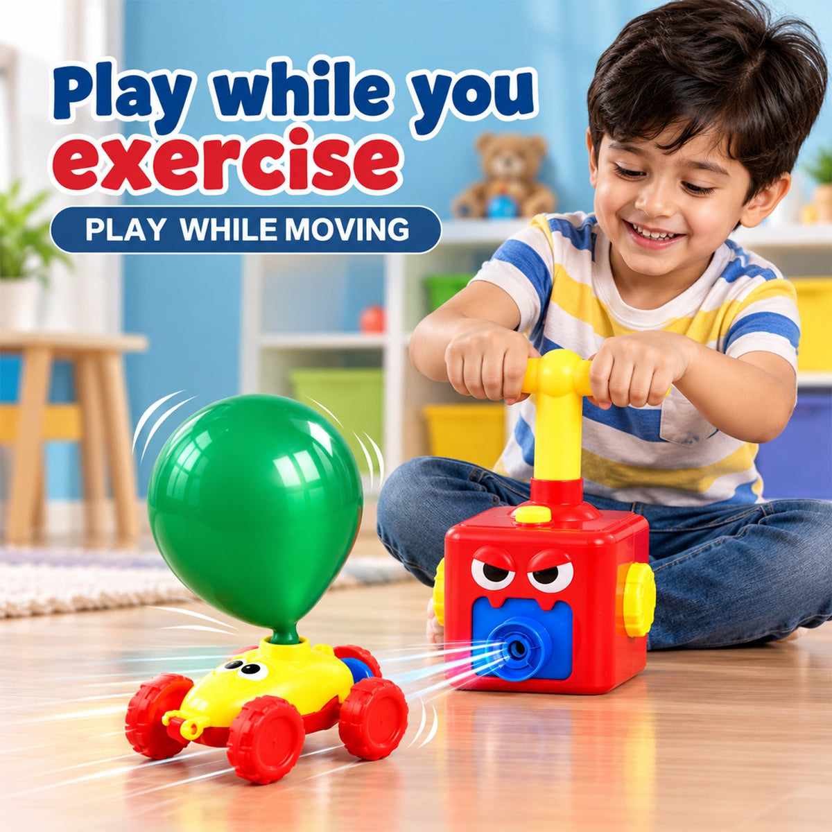 A child smiles while pumping air into a green balloon on a yellow car, with text overlays.