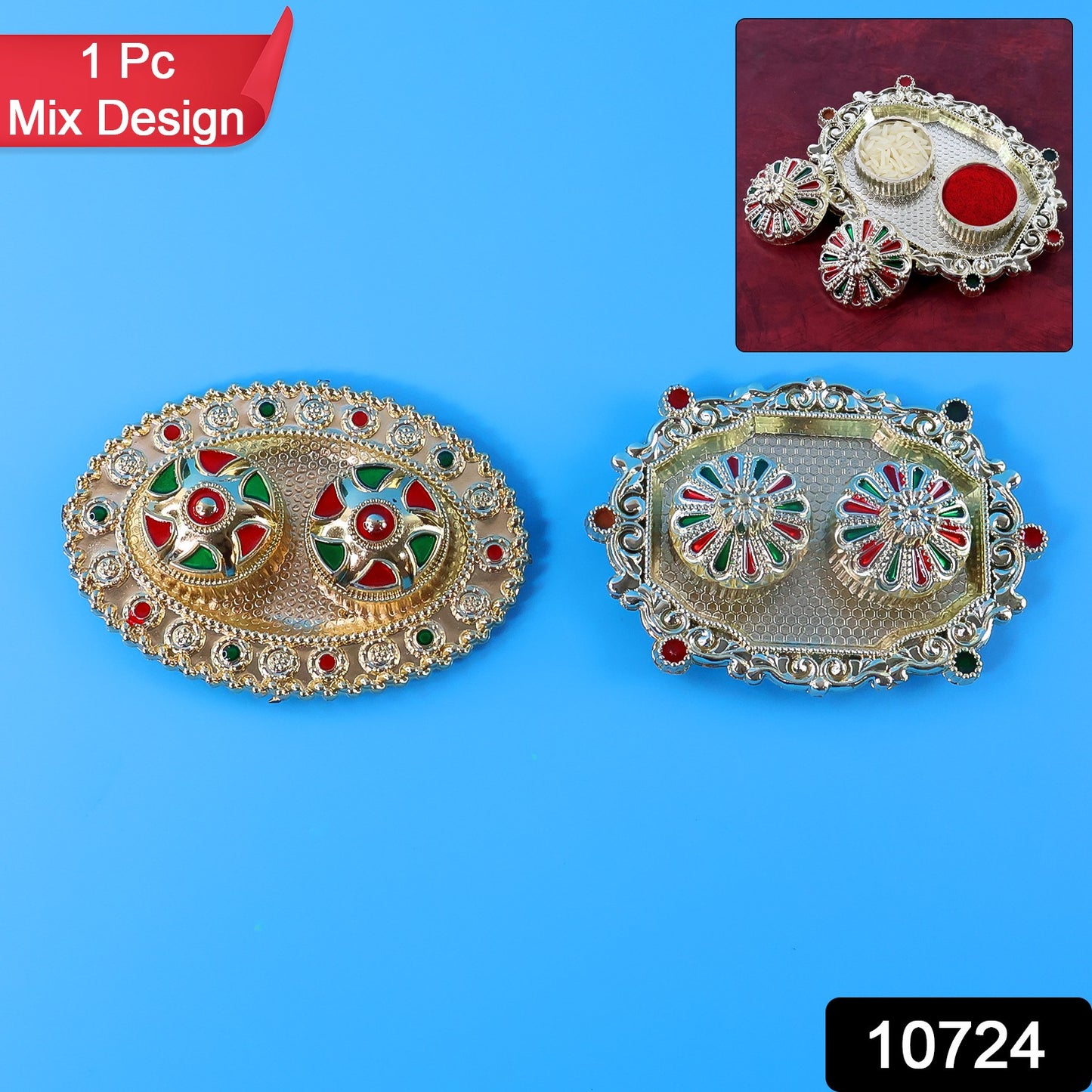 Meenakari Roli–Chawal Pooja Thali - (1 Pc / Mix design)
