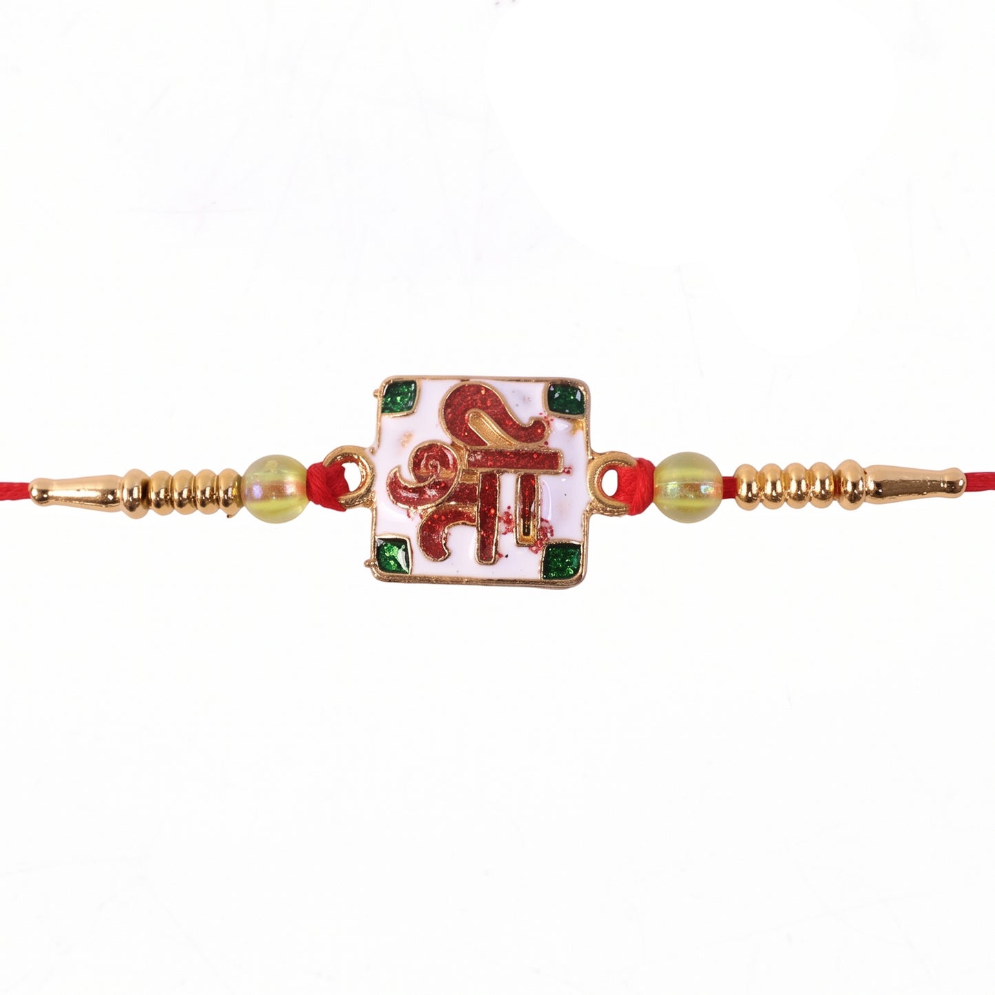 Shree Symbol Square Rakhi with Green Stones and Gold Beads
