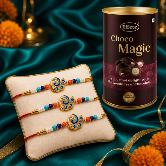 Peacock Motif Rakhi Set with Choco Magic, Pack of 3