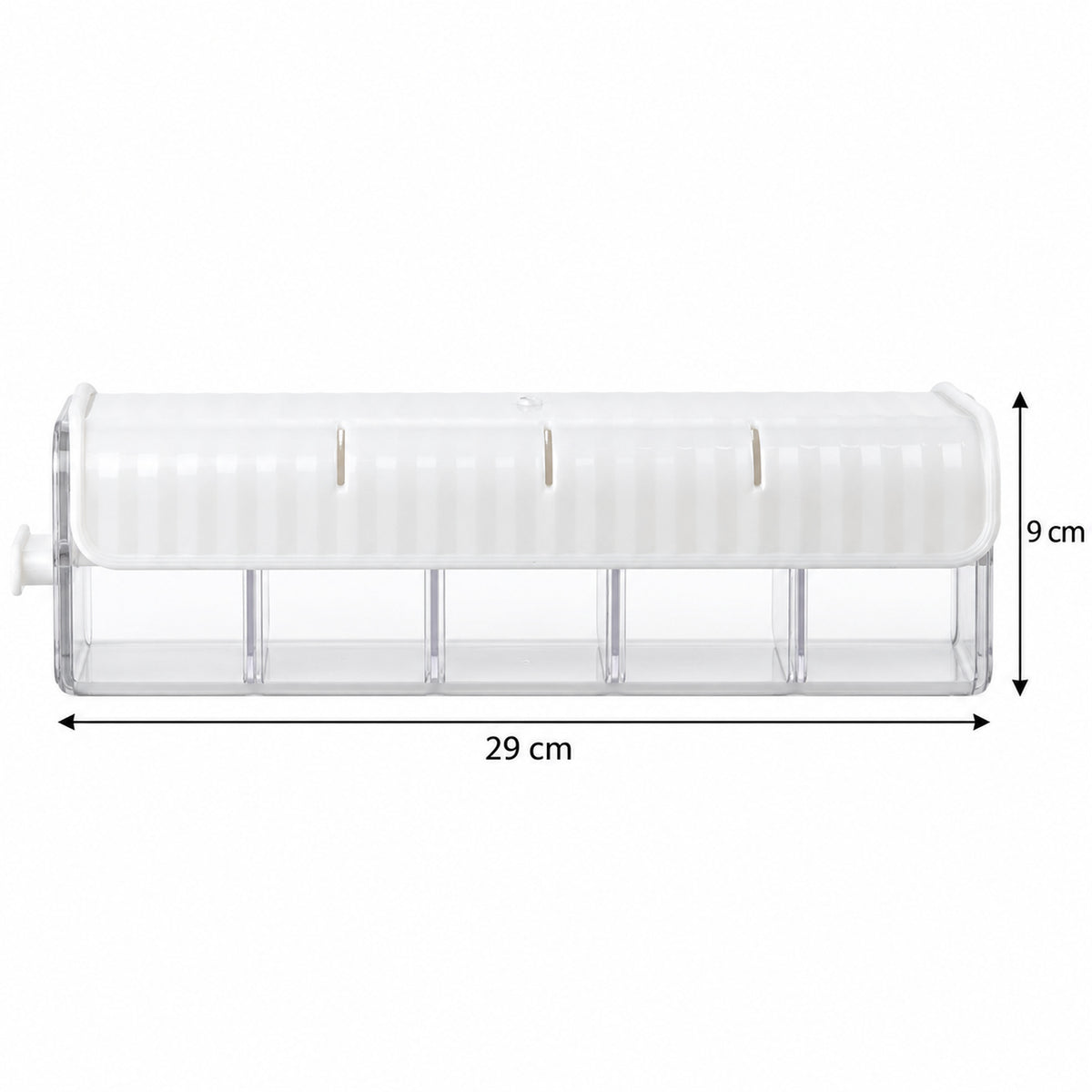 A white and clear plastic organizer with five compartments is shown with its dimensions labeled in centimeters.