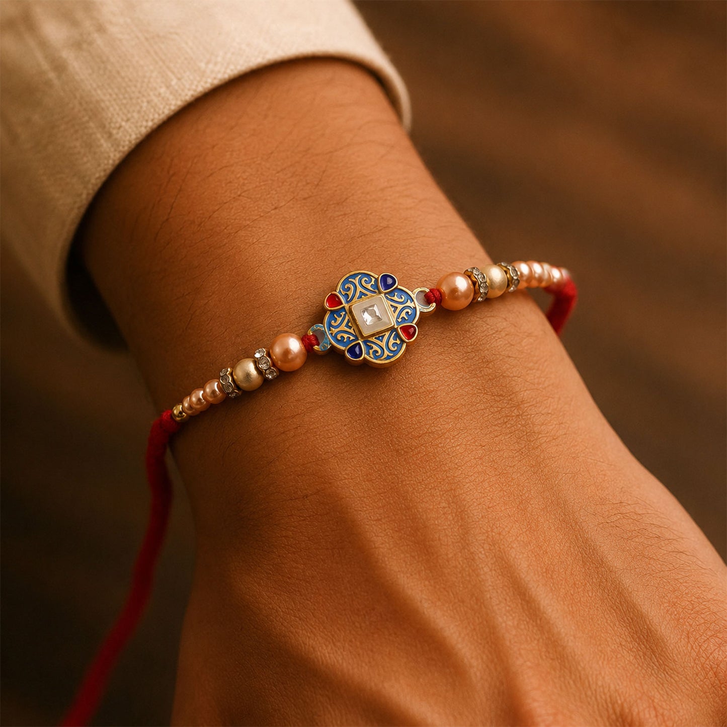 Blue Enamel Mandala Rakhi with Golden Star Detail, Roli Chawal Coin and Gift Box Packing
