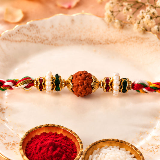 Close-up of a stone studded Rakhi with traditional beads and festive finish.
