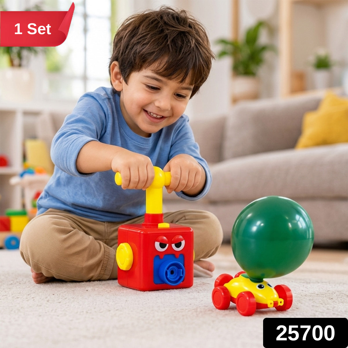 A happy child pumps a red and yellow toy, inflating a green balloon on a small car.