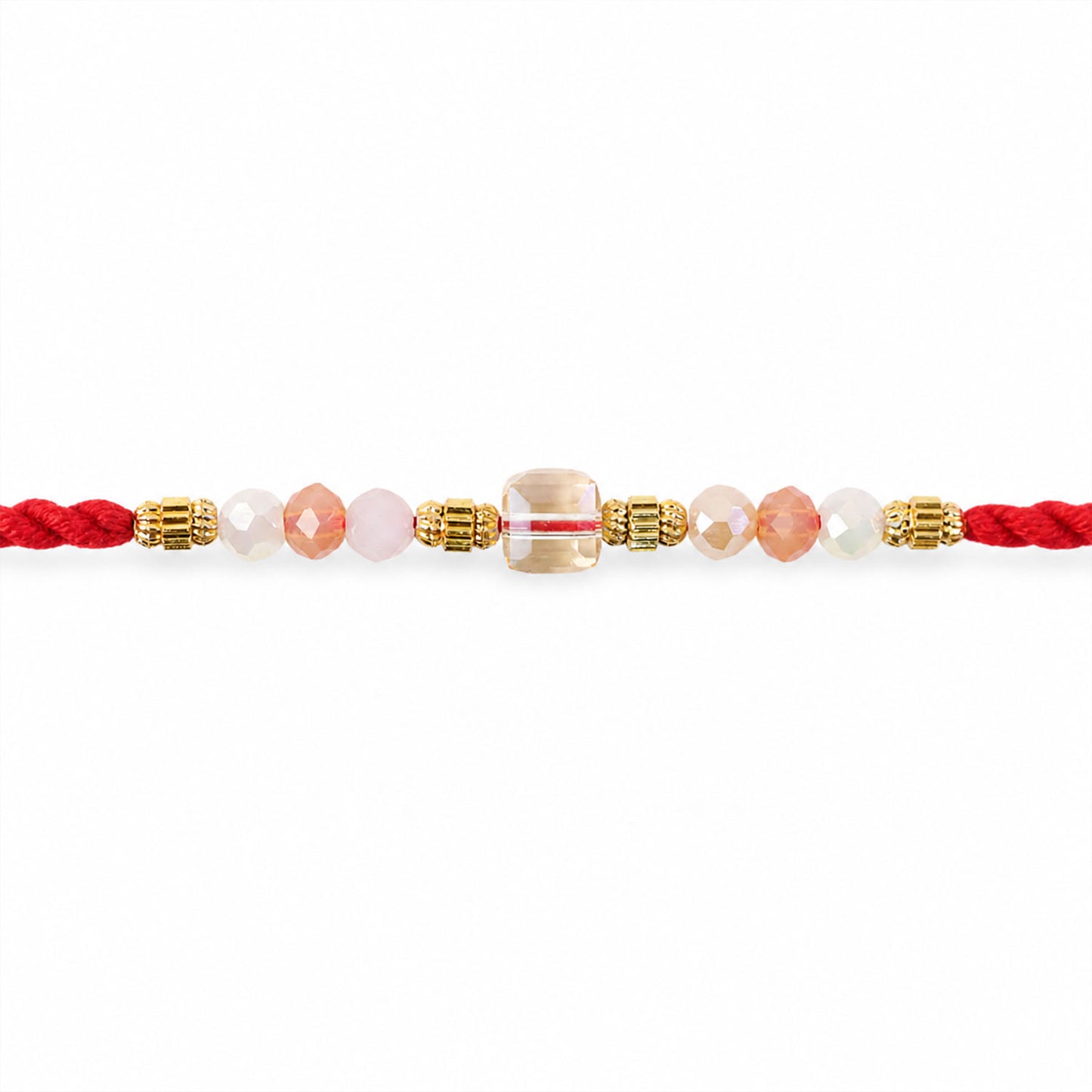 Red Thread Rakhi with Peach and Rose-Toned Crystal Bead Pendant