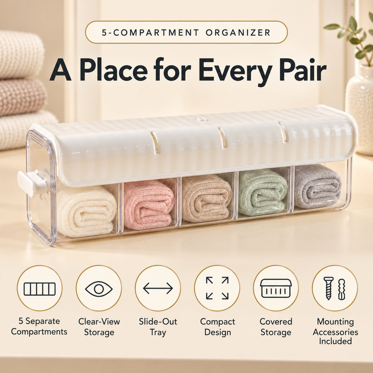 A white and clear plastic organizer with five compartments holds rolled garments, with feature icons below.