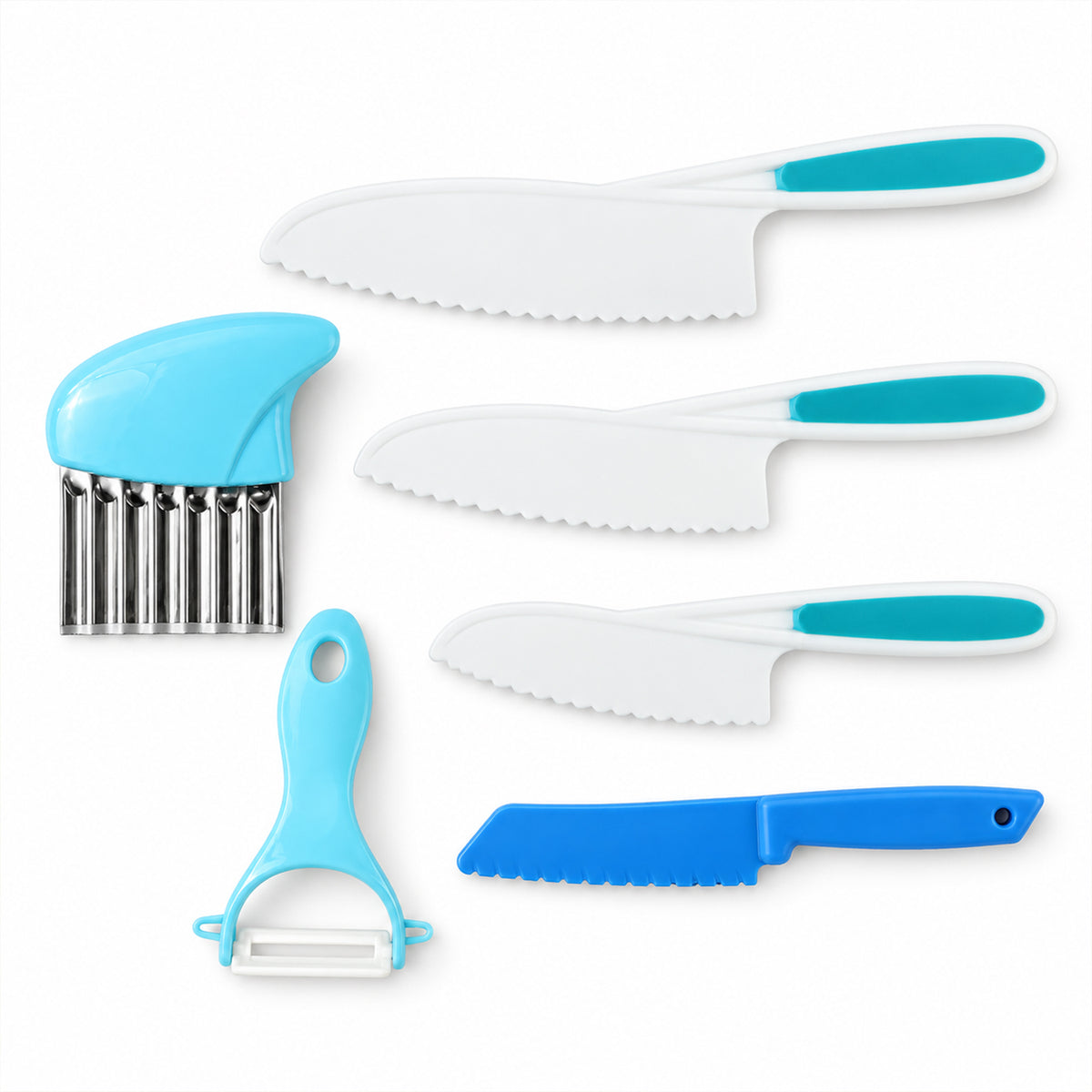 Kids Kitchen Set with Serrated Knives, Peeler and Crinkle Cutter (6 in 1)
