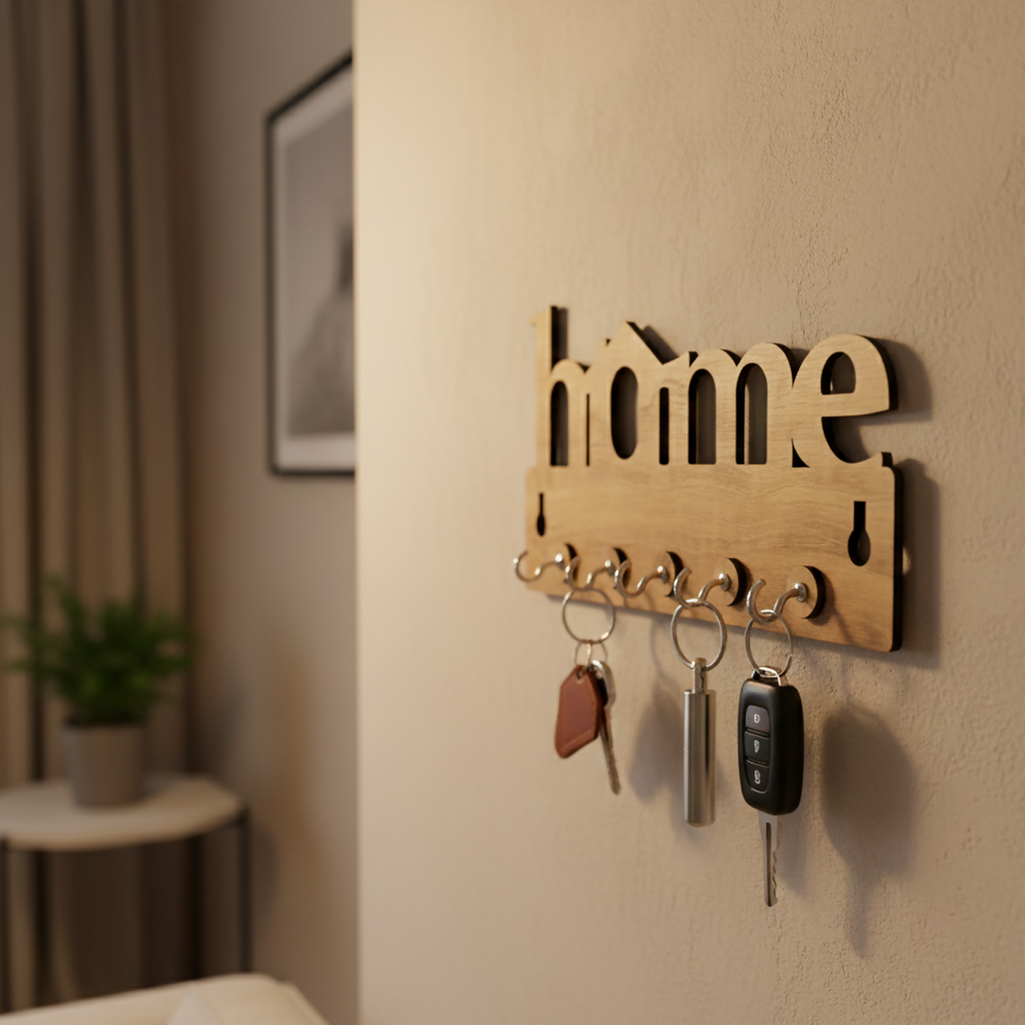 Wooden Key Holder for Wall “Home” – Handcrafted MDF Key Organizer with 5 Hooks | Decorative Wall Key Stand