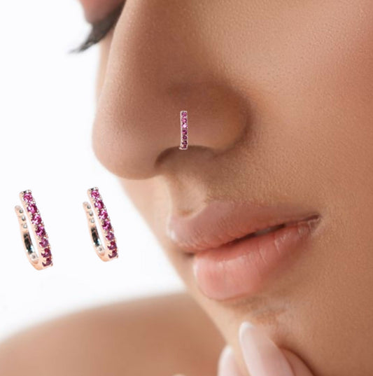 Rose Gold Double Row Pink Studded Nose Ring/Cuff Combo Pack of 2