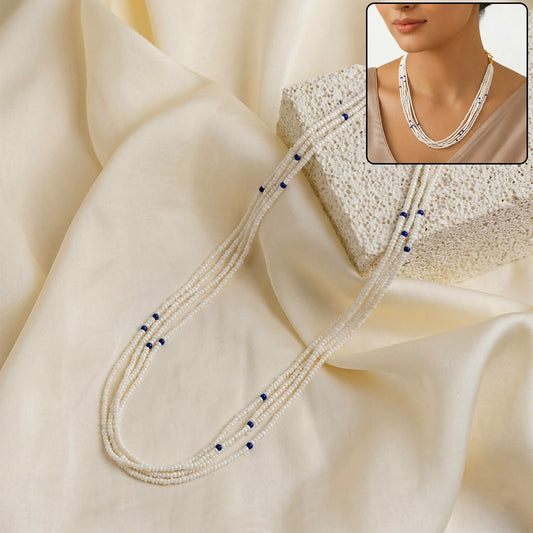 Multi-layer pearl mala necklace with blue accent beads