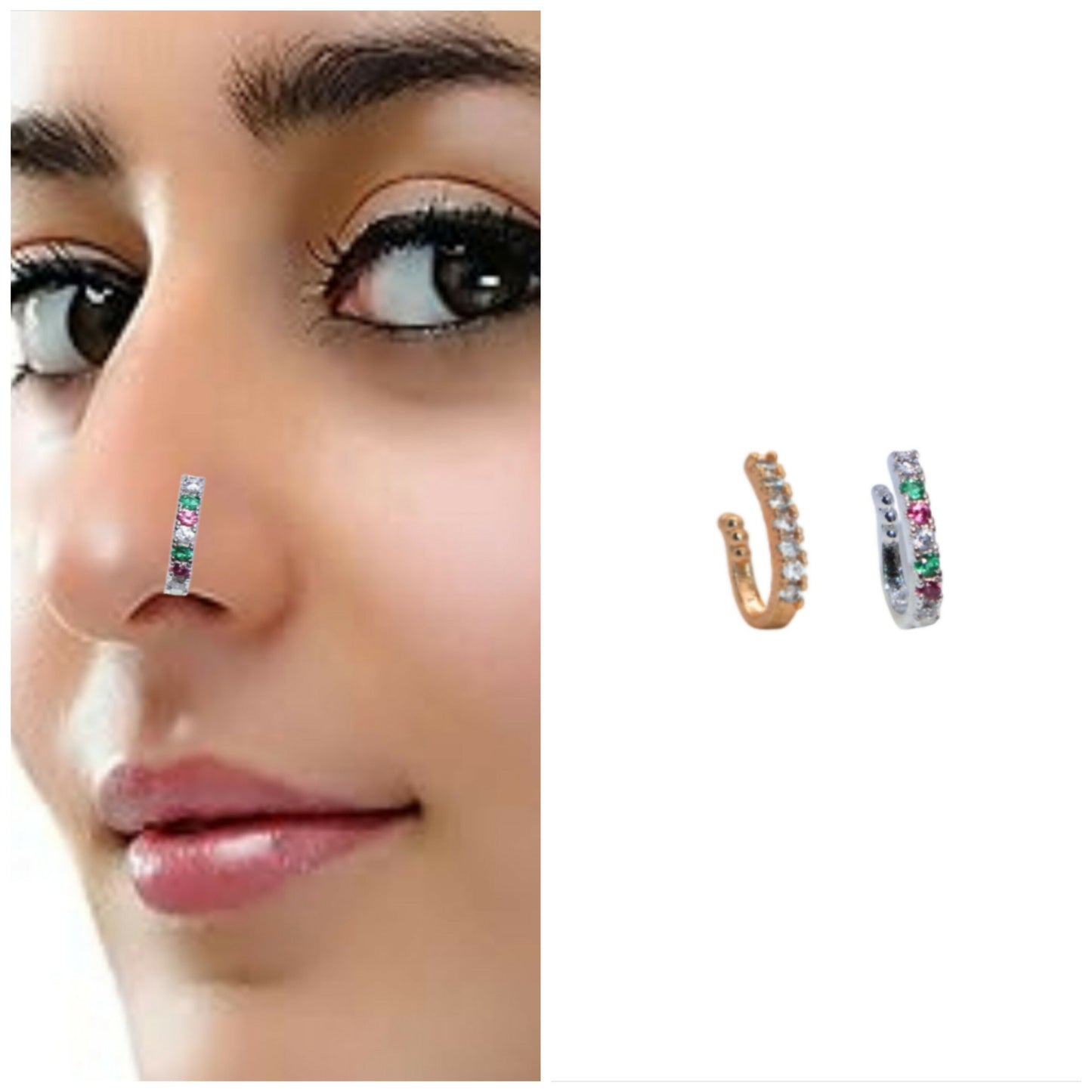 Silver-tone Rainbow Gem no piercing nose cuff with colorful gemstones