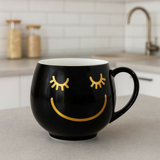 Premium Black Ceramic Coffee Mug with Golden Smile & Eyelash Design – Large Round Tea Cup for Home, Office & Gifting | Stylish Modern Aesthetic Cup | Microwave & Dishwasher Safe | Unique Smiley Face Mug 350ml