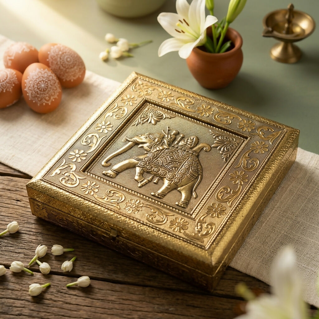Golden embossed elephant Ambari metal jewelry box front view