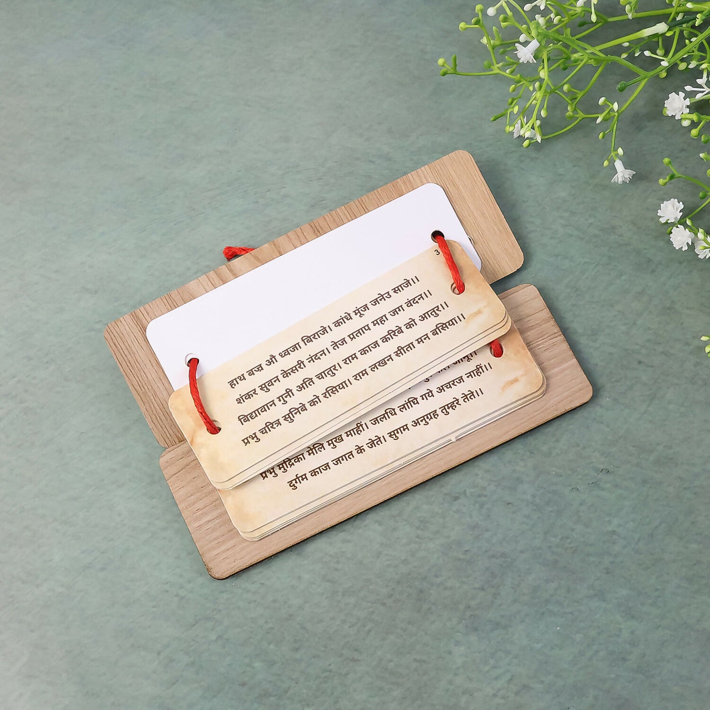 Wooden Hanuman Chalisa Flip Book with Stand, 6 × 2 Inch for Home Mandir & Prayer