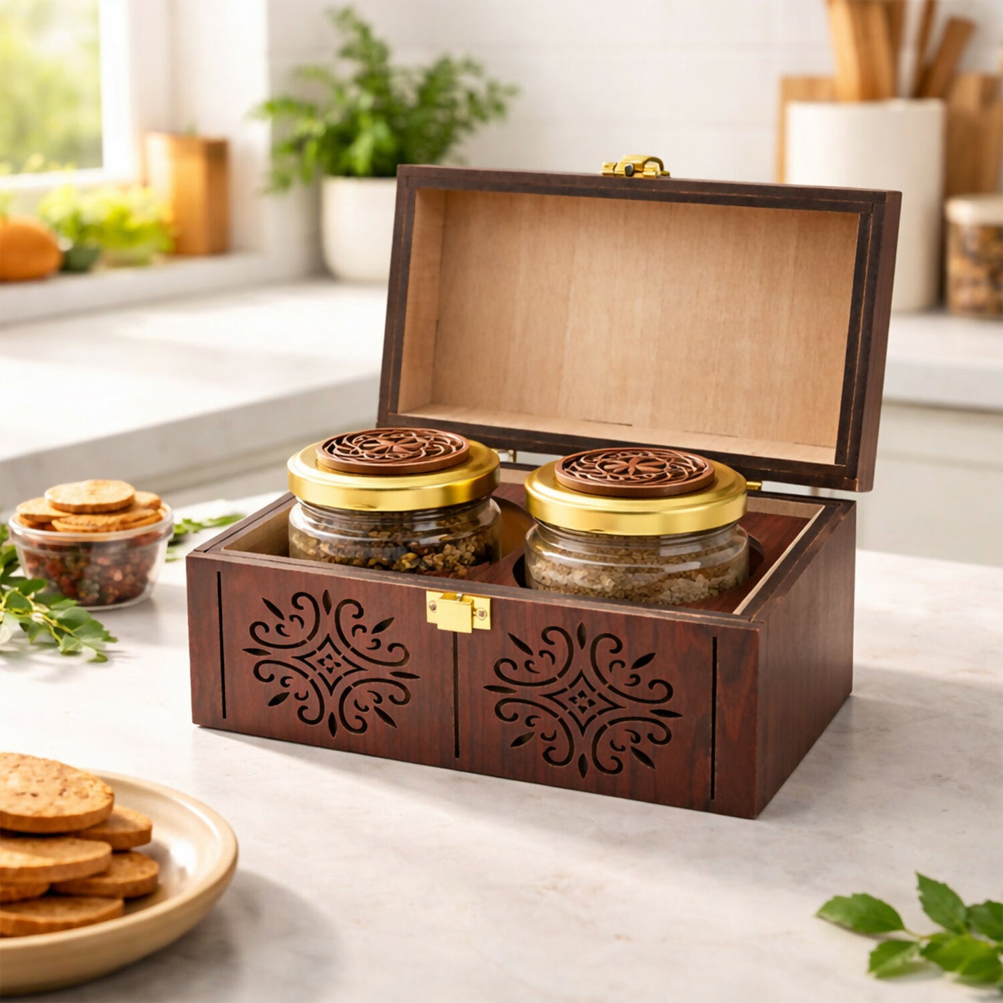 Ornate carved wooden gift box holding airtight glass jars, ideal for kitchen organization