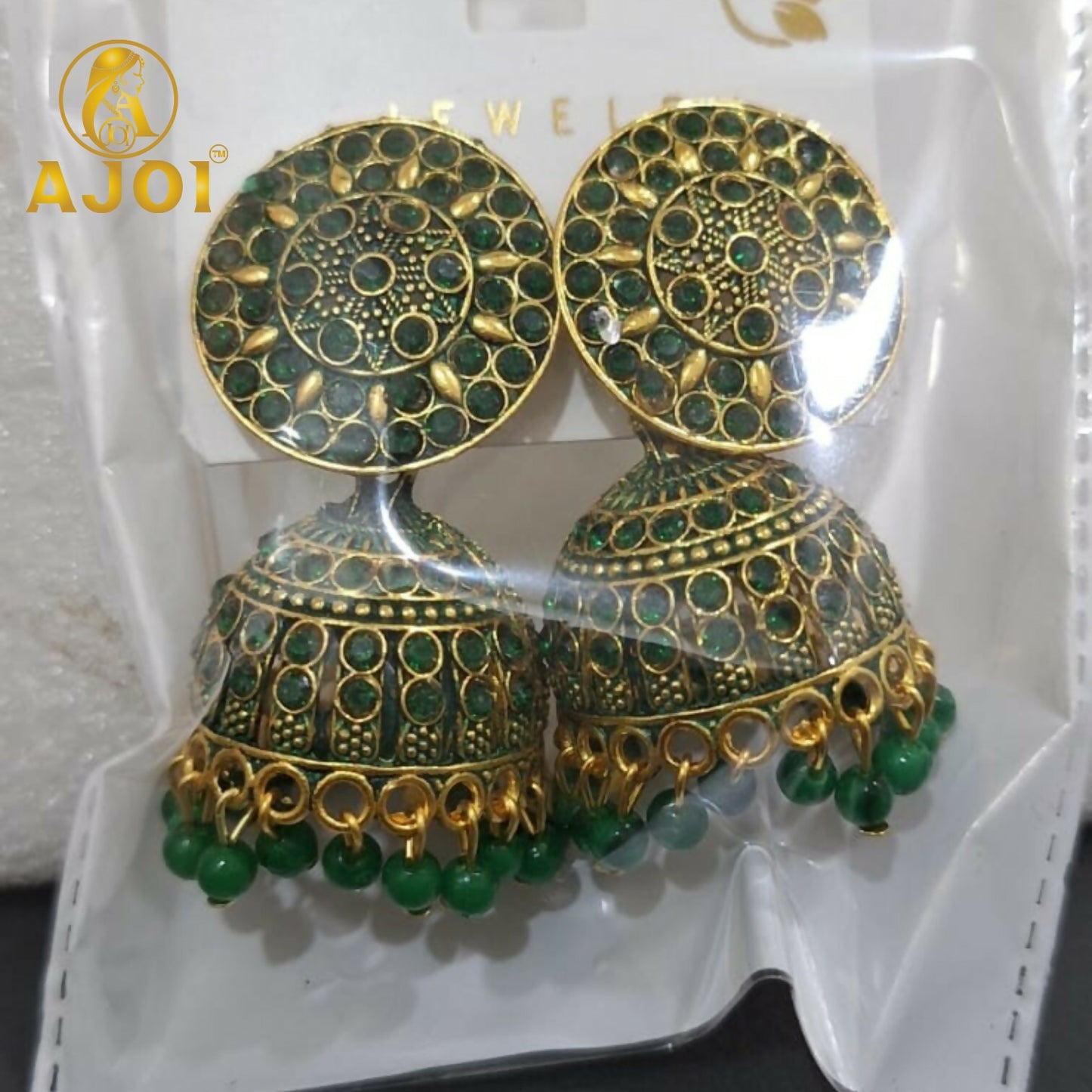 Antique Gold Green Stone Jhumka Earrings Traditional Ethnic Jewelry