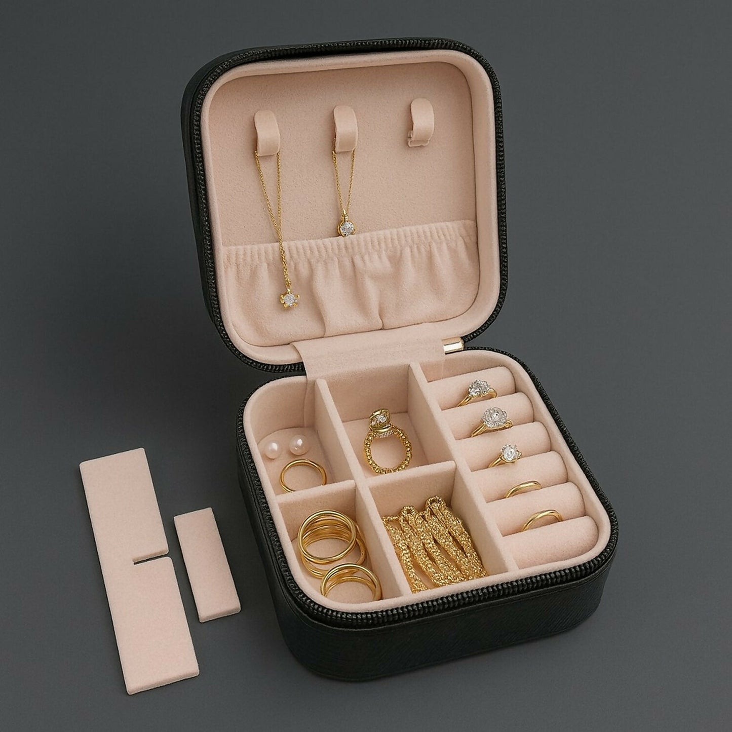 Premium Travel Jewelry Organizer Box with Ring Slots & Necklace Hooks – Black