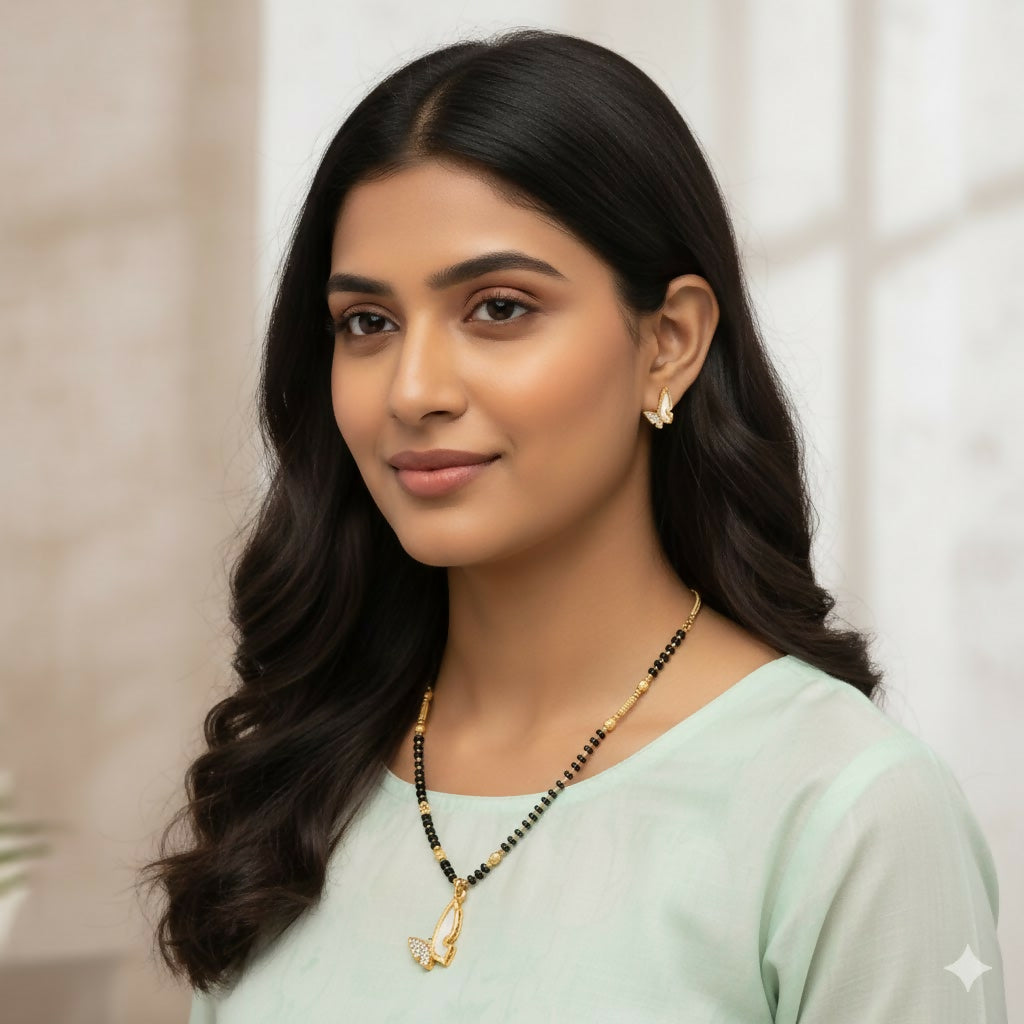 Gold-Plated AD Butterfly Mangalsutra & Matching Earrings Set for women