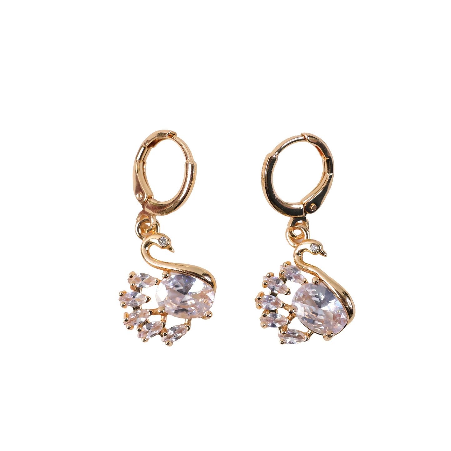 Detailed view of swan design earrings with shimmering stone setting