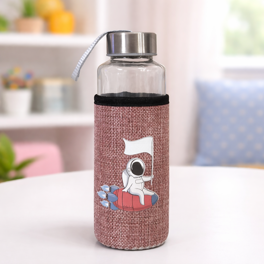 Glass Water Bottle with Fabric Sleeve & Astronaut Print | Reusable Drinking Bottle