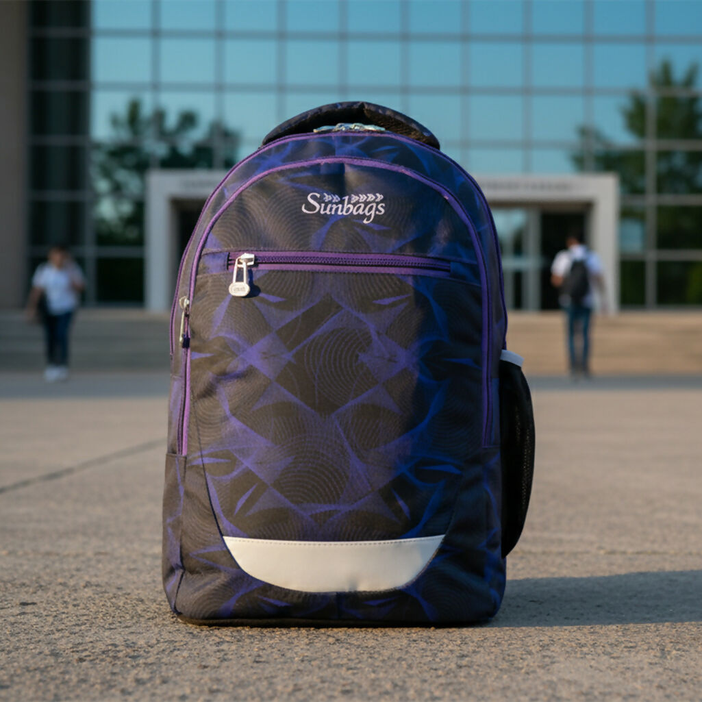 Laptop backpack with vibrant purple geometric design front view