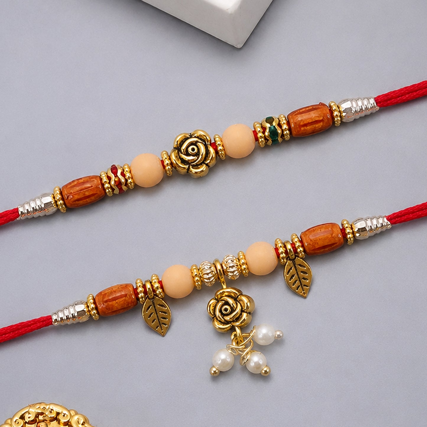 Rose and Leaf Bhaiya Bhabhi Rakhi Set with Wooden Beads for Couple Raksha Bandhan