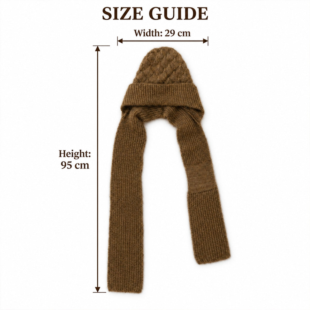 A brown knitted cap with an attached scarf is shown with its height and width dimensions.