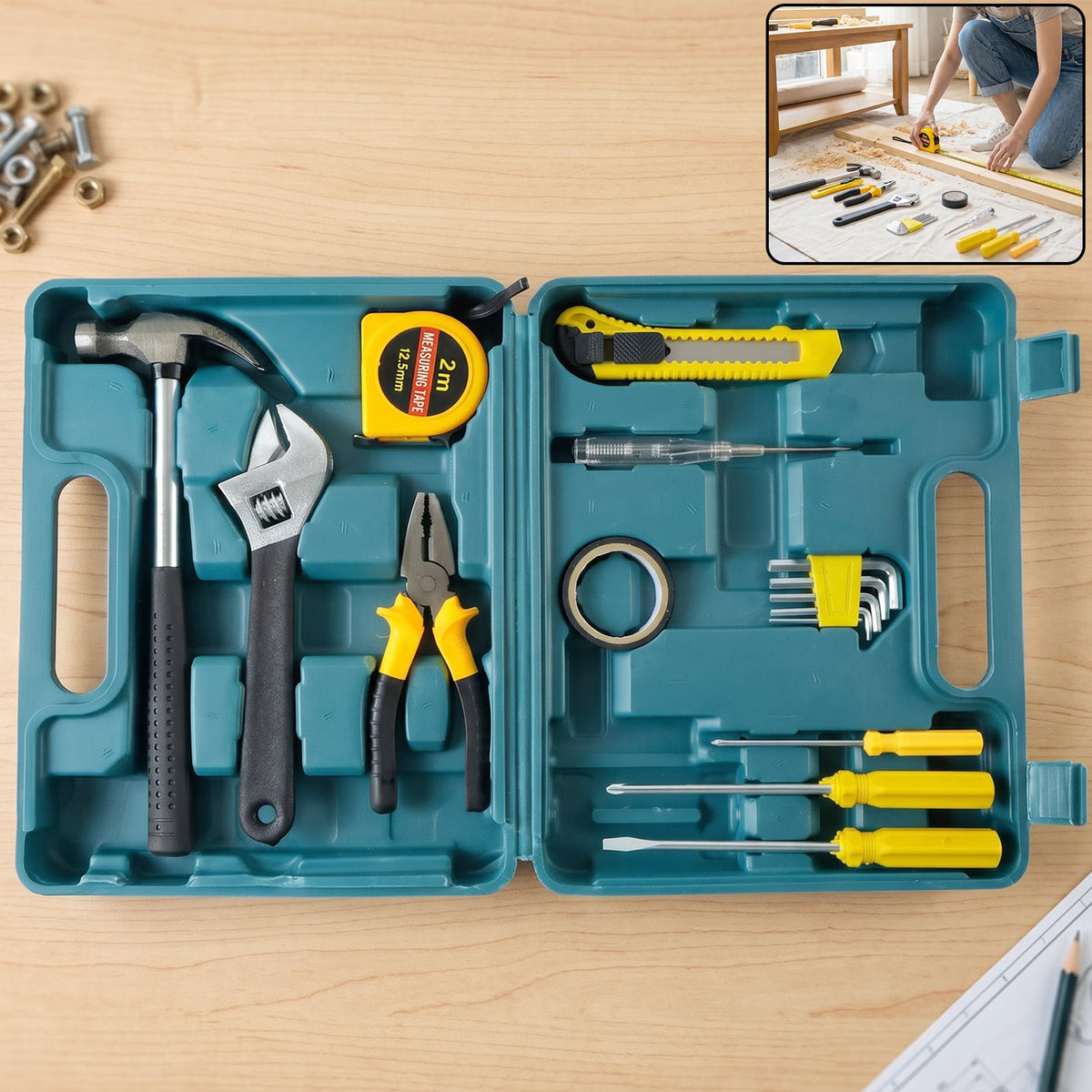 16 Piece Hand Tool Kit with Carry Case for Garage and Workshop (1 Set)