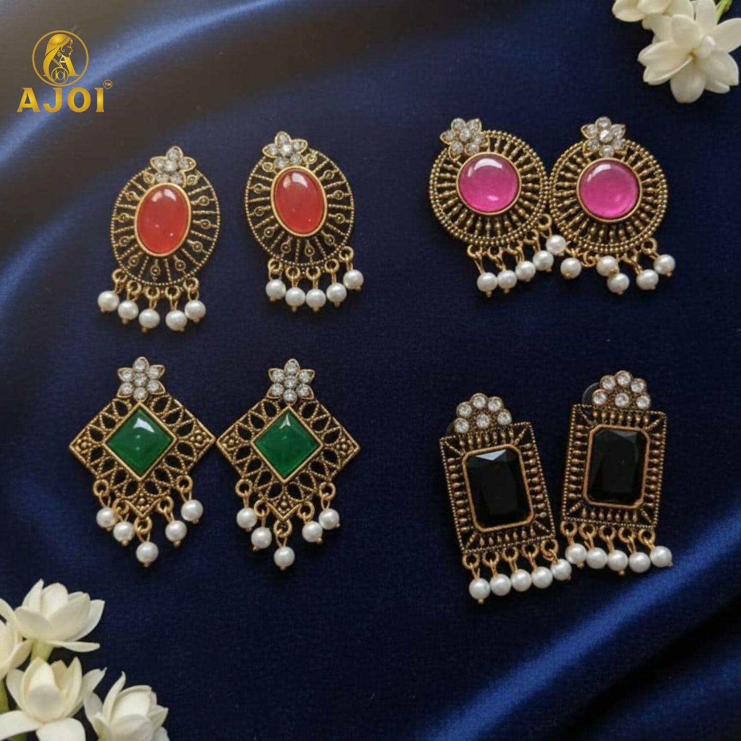 Black stone antique pearl drop earrings in traditional style