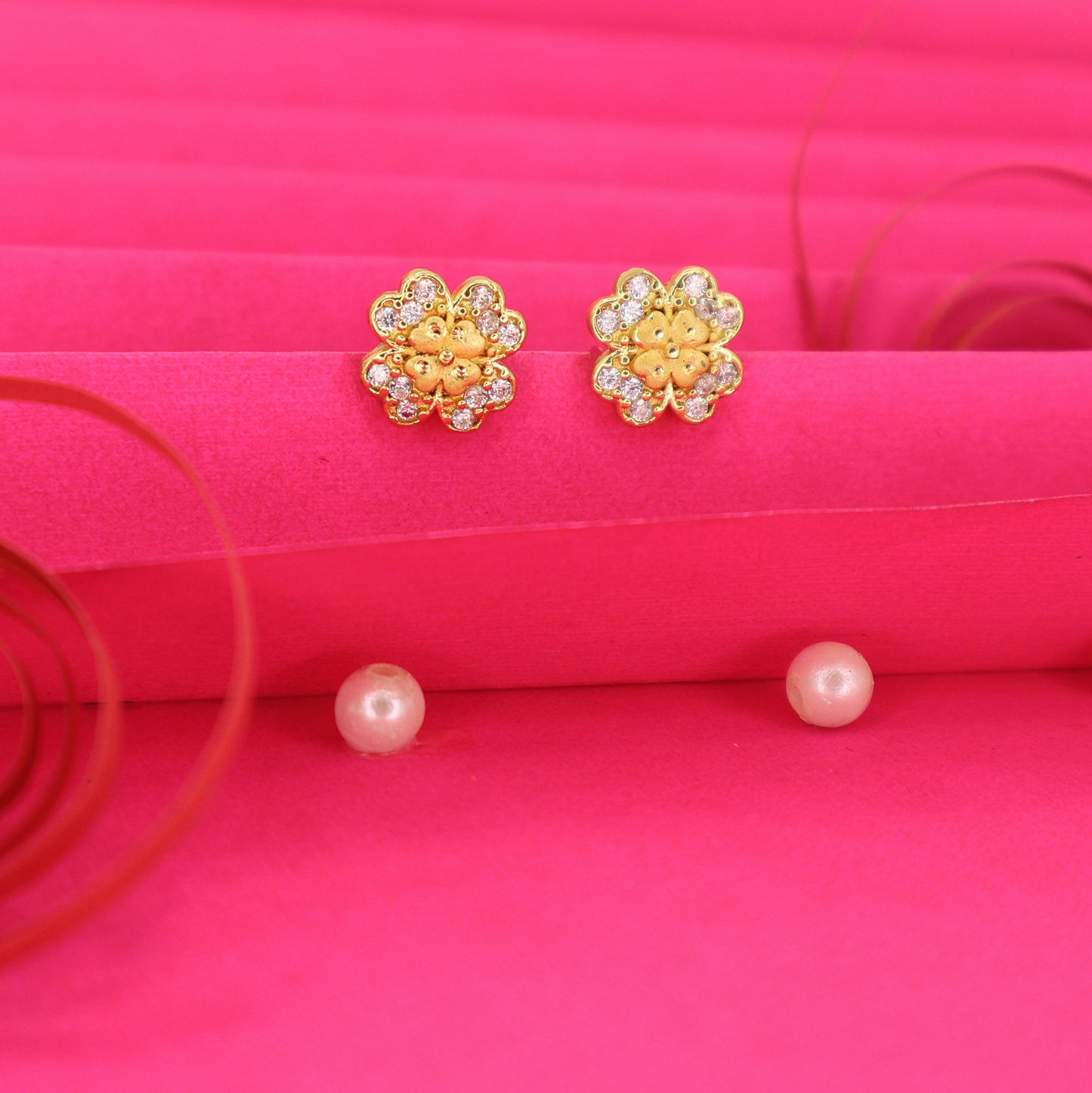 Gold Plated Four-Leaf Clover Stud Earrings with AD for women and girls
