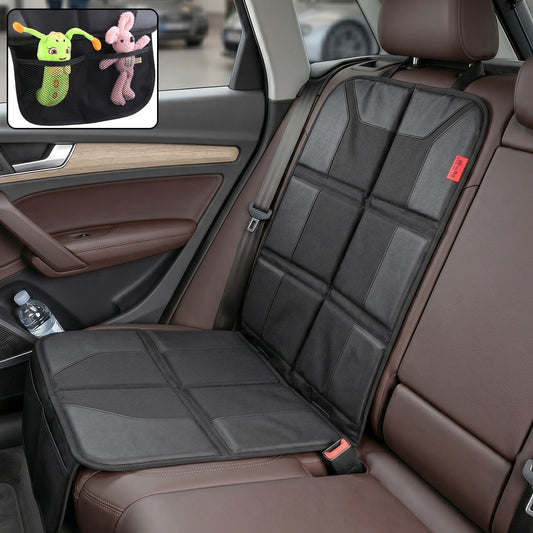 Black car seat protector mat with anti-slip backing shown in a car interior