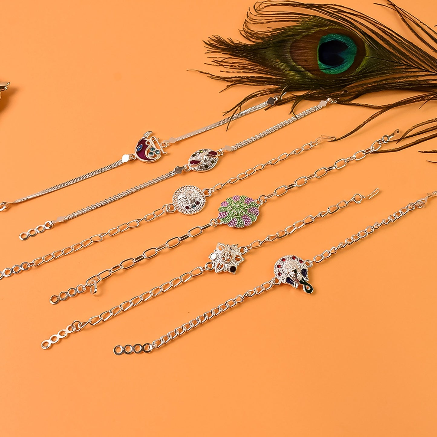 Stylish Mix Design Silver Chain Rakhi for Brother (1 pc / Mix Design)