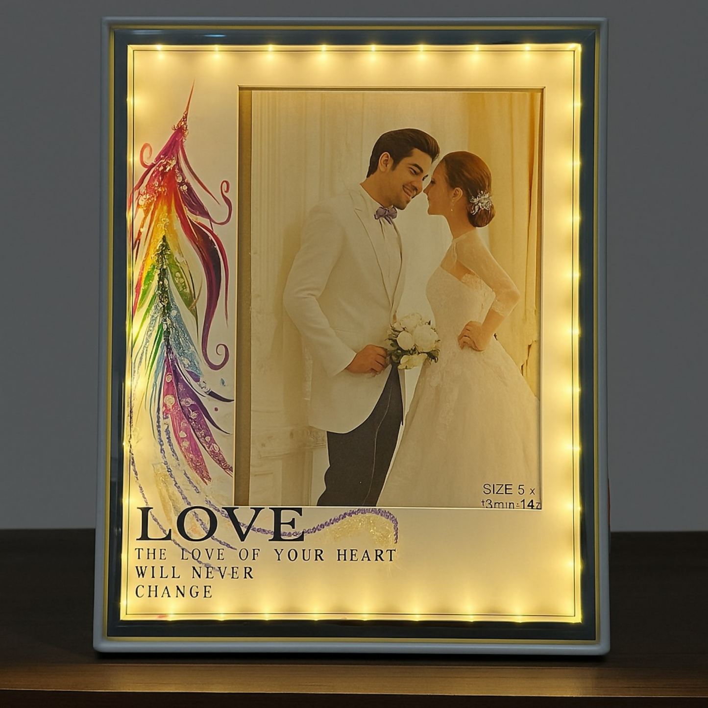 Romantic LED Love Photo Frame with Rainbow Feather Design | Warm Light Illuminated Couple Picture Frame for Anniversary, Wedding & Valentine Gifting | USB Powered Tabletop Decorative Photo Lamp for Bedroom & Home Decor