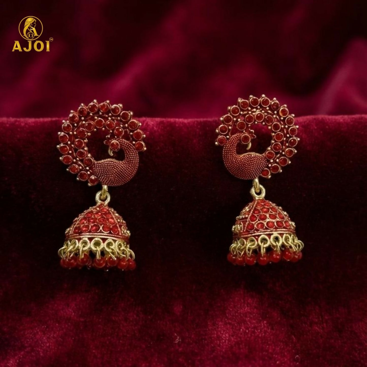 Premium Red Stone Bridal Jhumka Earrings