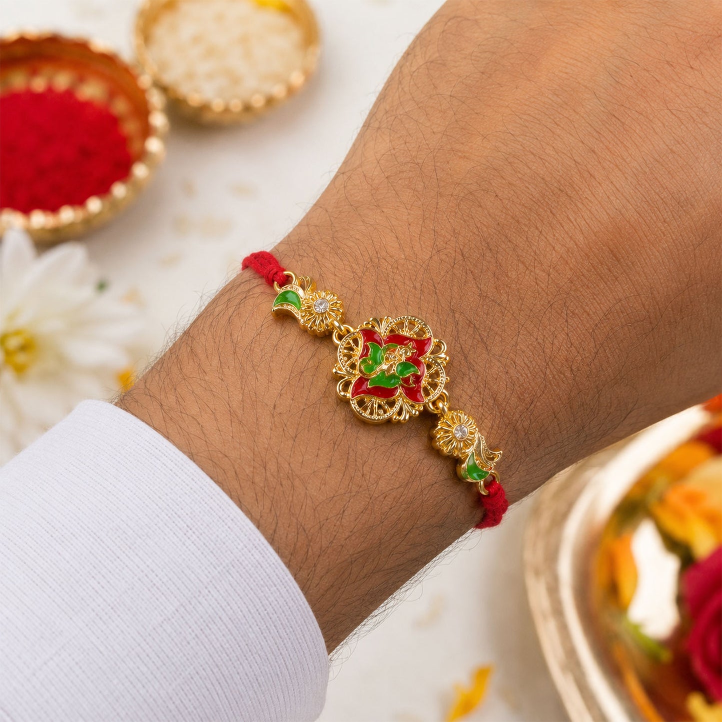 Ornate Rakhi featuring Floral Medallion, multicolor stones and gift style for Gift