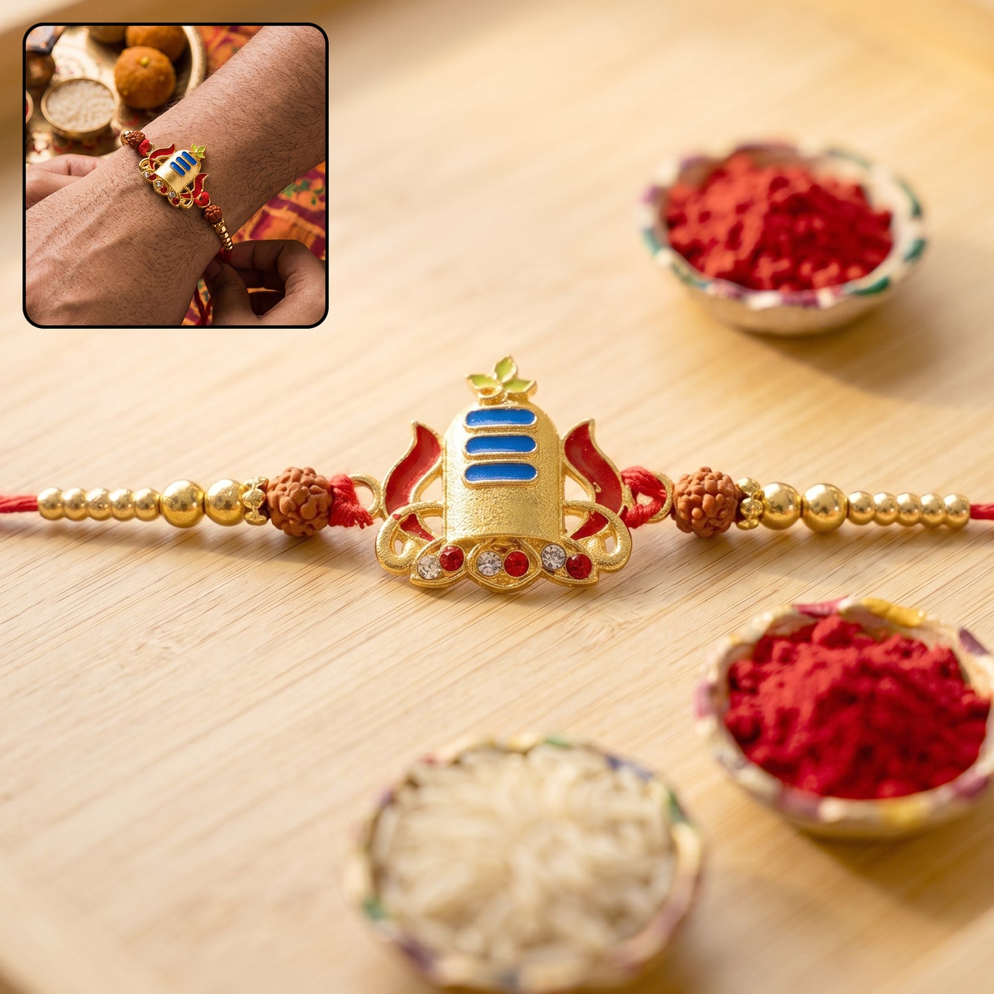 Gold Shivling Rakhi with Blue Tilak and Rudraksha Beads