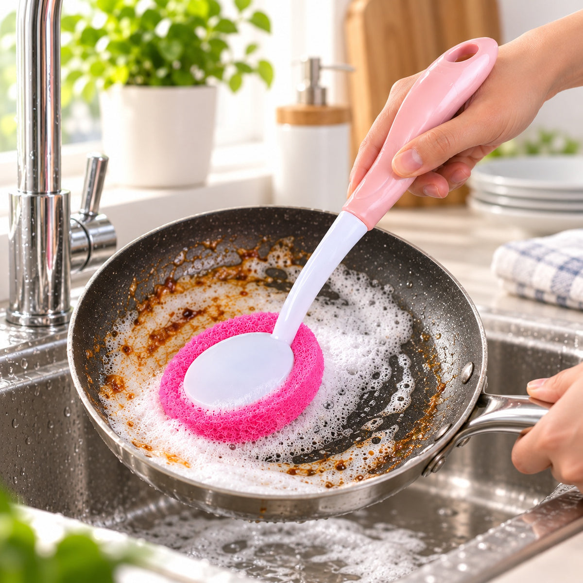 A person cleans a dirty frying pan with a pink and white long-handled sponge brush, creating soapy suds in a kitchen sink.