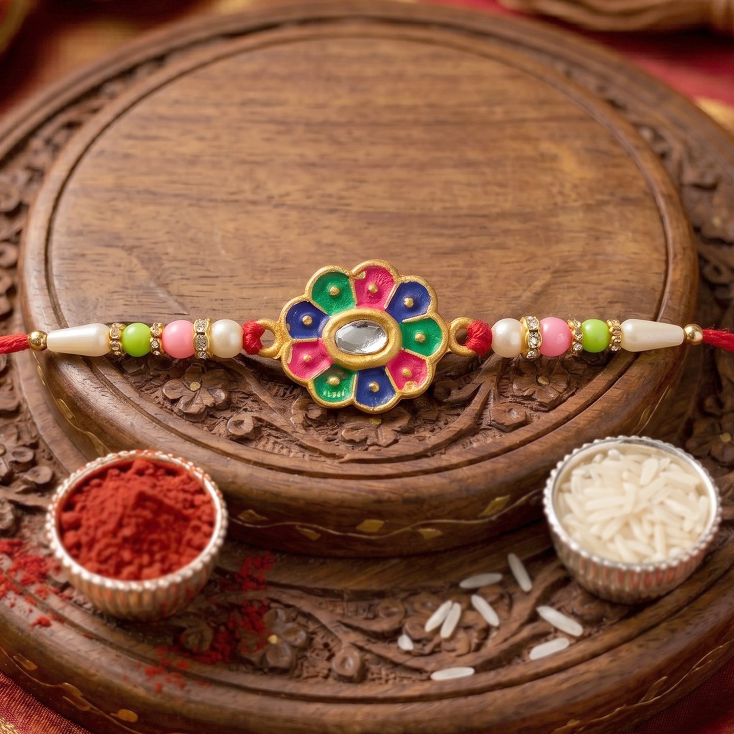 Multicolor Flower Rakhi with Pastel Beads and Fresh Festive Look