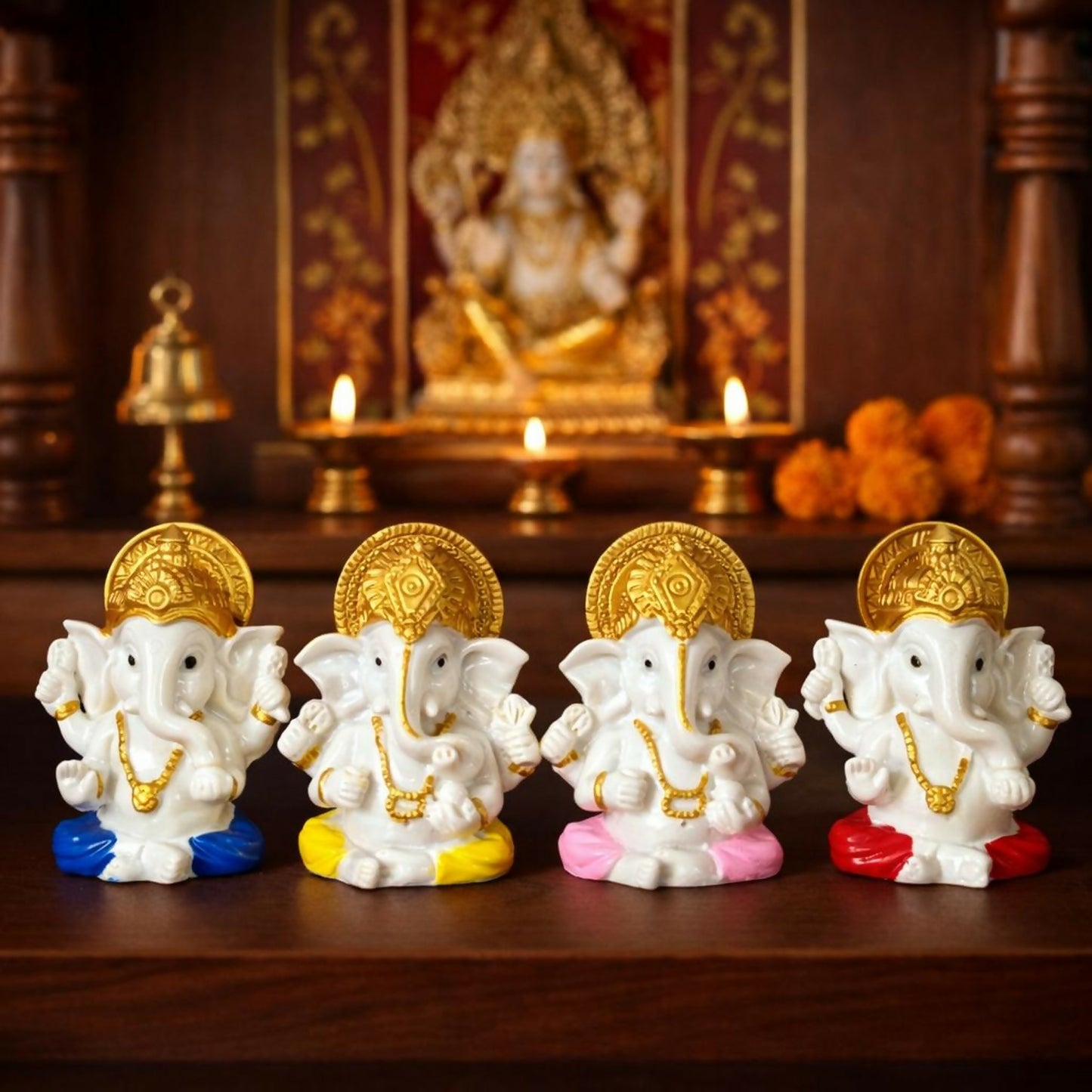 Lord Ganesha Idol Set of 4 | White & Gold Ganpati Murti for Home Temple