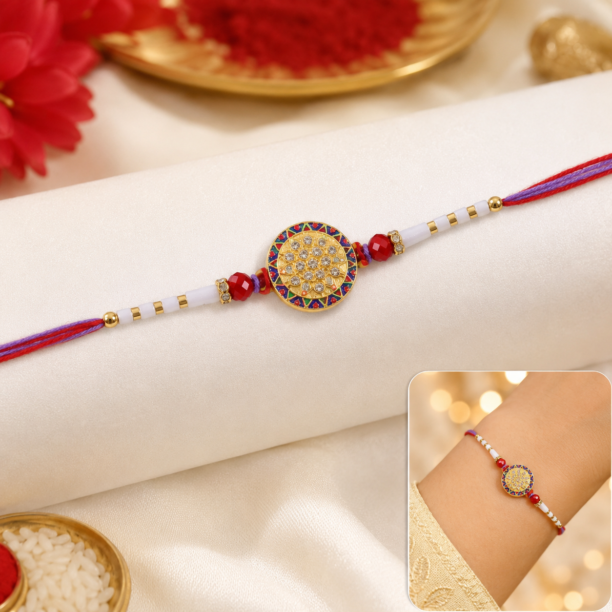 Soft Gold Round Rakhi with White Beads and Dual Color Thread