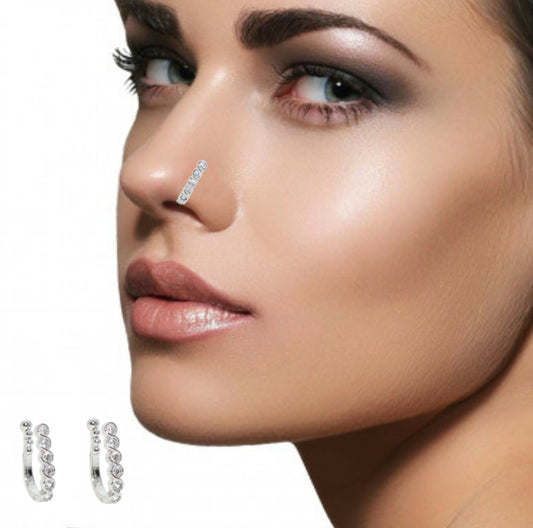 2Pc Non-Piercing Nose Ring Set Mega Combo Floral Cuff AD