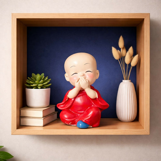 Laughing baby monk figurine front view on white background
