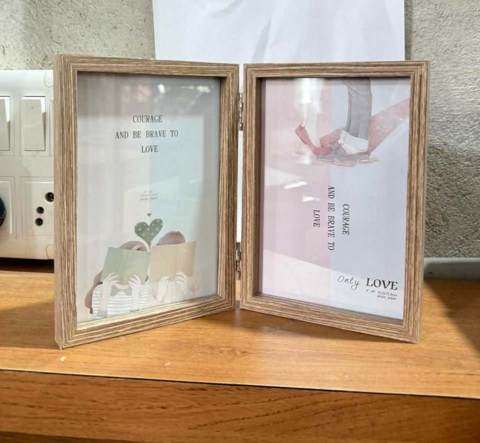 Premium Wooden Double Photo Frame for Tabletop | Dual Hinged Picture Frame for Home & Office Décor | Rustic Natural Wood Finish Vertical Display Frame for Couple, Family & Gift Use | Stylish Desk Photo Stand