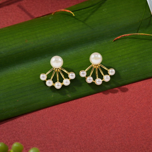 Korean Style Pearl Fan Design Stud Earrings for Women & Girls
