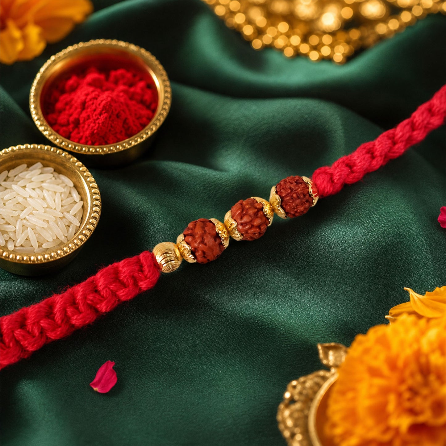 Red Thread Rakhi with a Row of Natural Rudraksha Bead Pendant